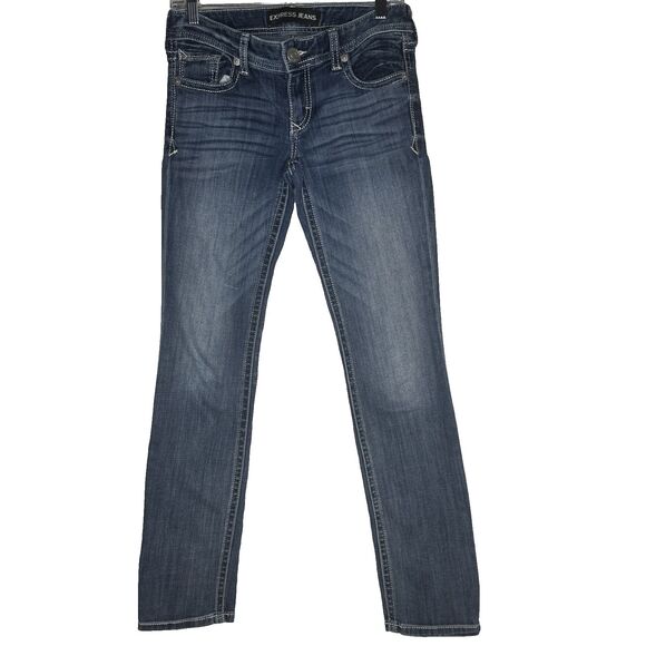 Express Jeans Women's 2 Stella Skinny Regular Fit Low Rise Dark Wash Stretch EUC - Picture 1 of 9